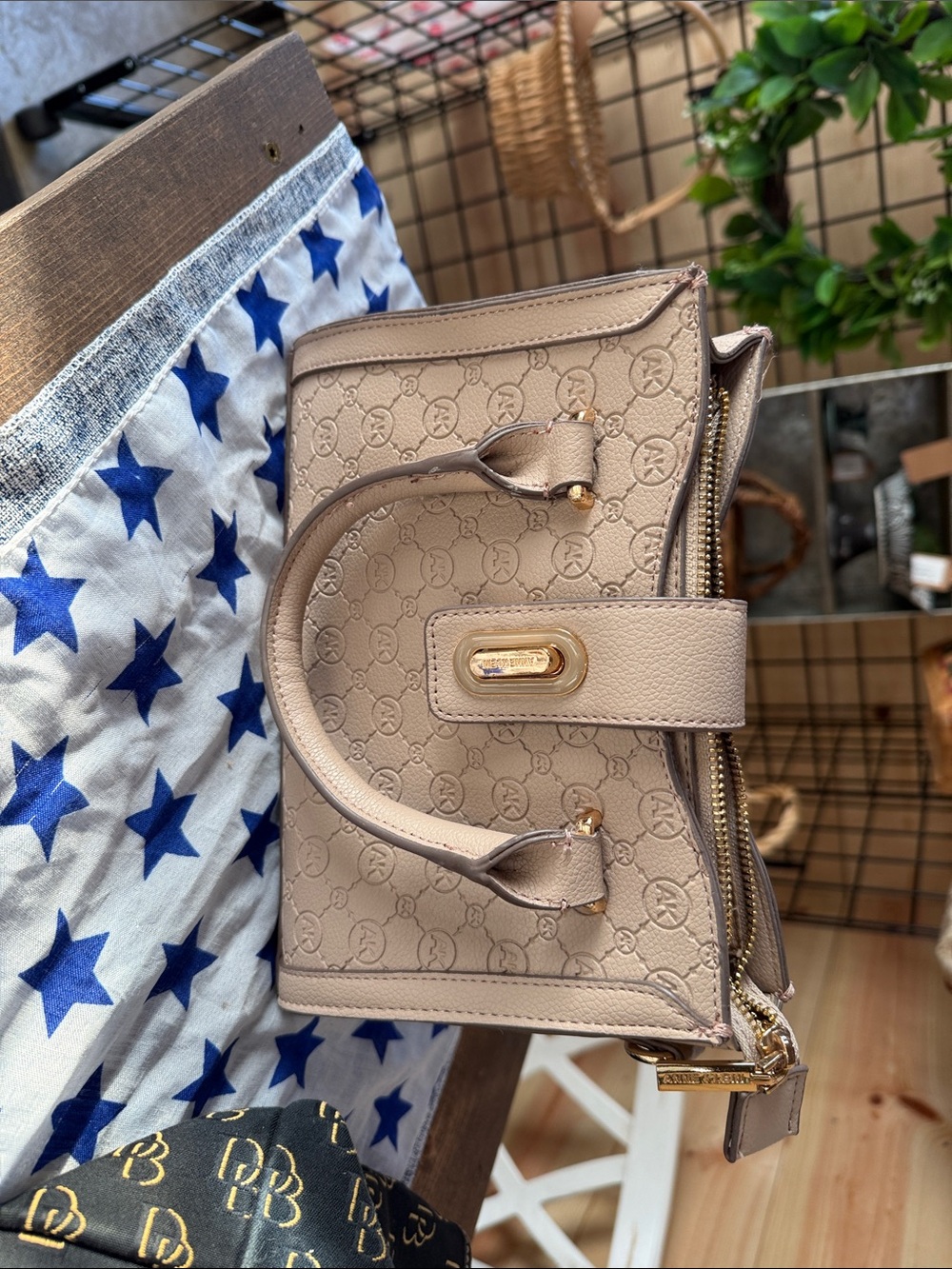 Beige Embossed Anne Klein Leather Tote Handbag
